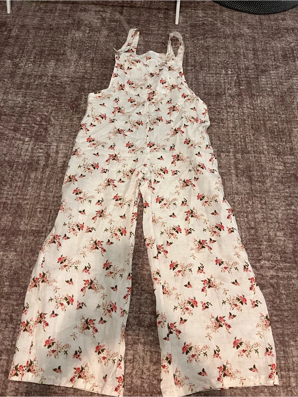 Zara White Floral Linen-Blend Wide-Leg Jumpsuit